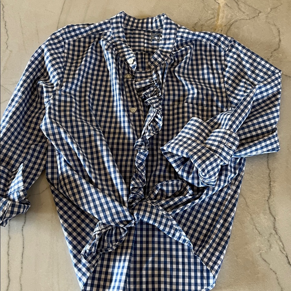 NWT KMJ Cameron Blue & White Gingham Ruffle Button-Up Top